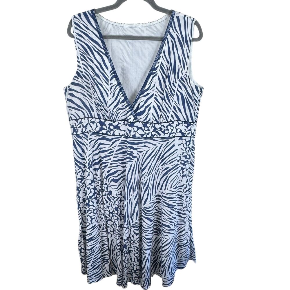 Blue White Zebra Print Sleeveless V-Neck‎ Lightweight Lined Midi Dress Size 16